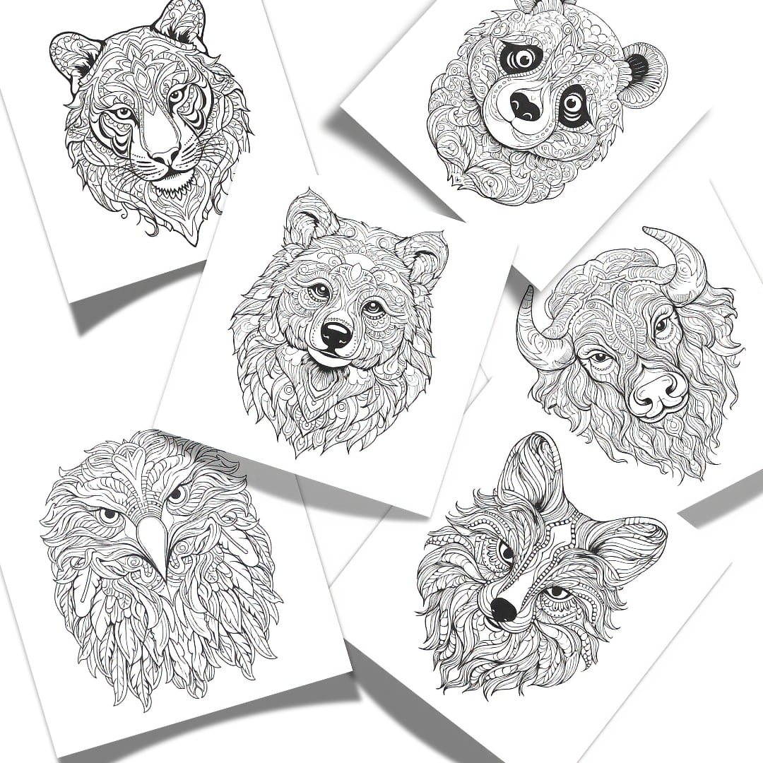 Animal Mandala Coloring Pages Bundle Digital & Printable 6 Designs