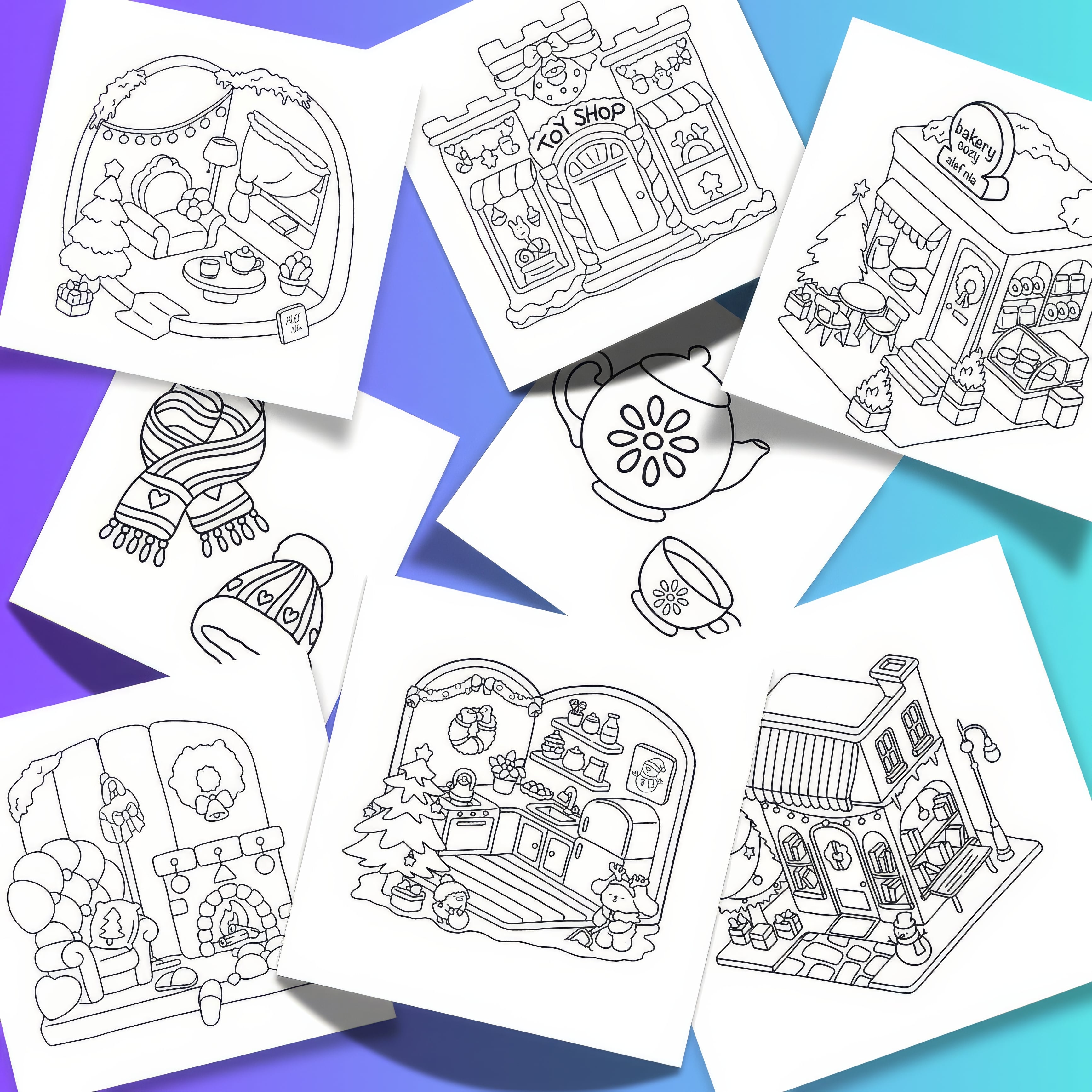 Cozy Place Coloring Pages Bundle Digital & Printable 6 Designs